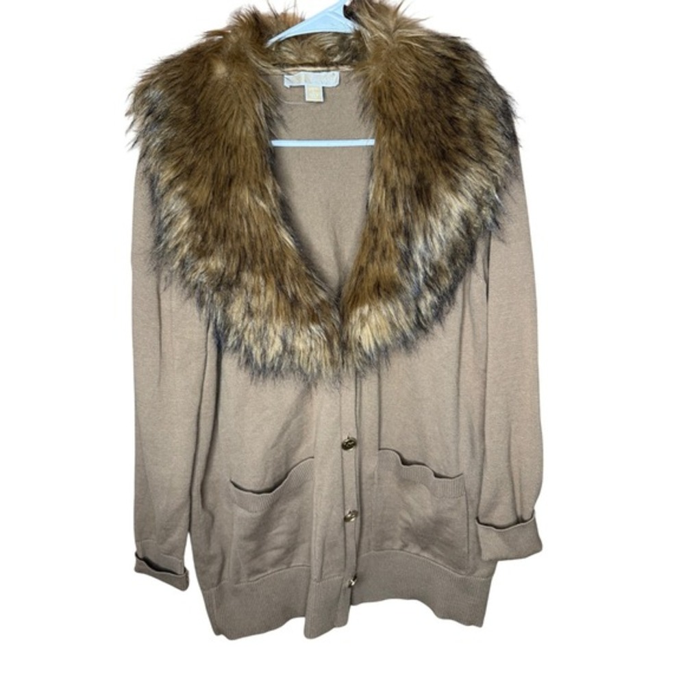 NWOT MICHAEL KORS Penny Lane Faux Fur Collar Tan Cardigan Button Up Size L